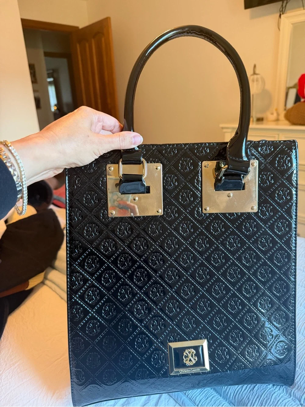 Christian Lacroix Black Patent Quilted Tote Bag with Gold Hardware